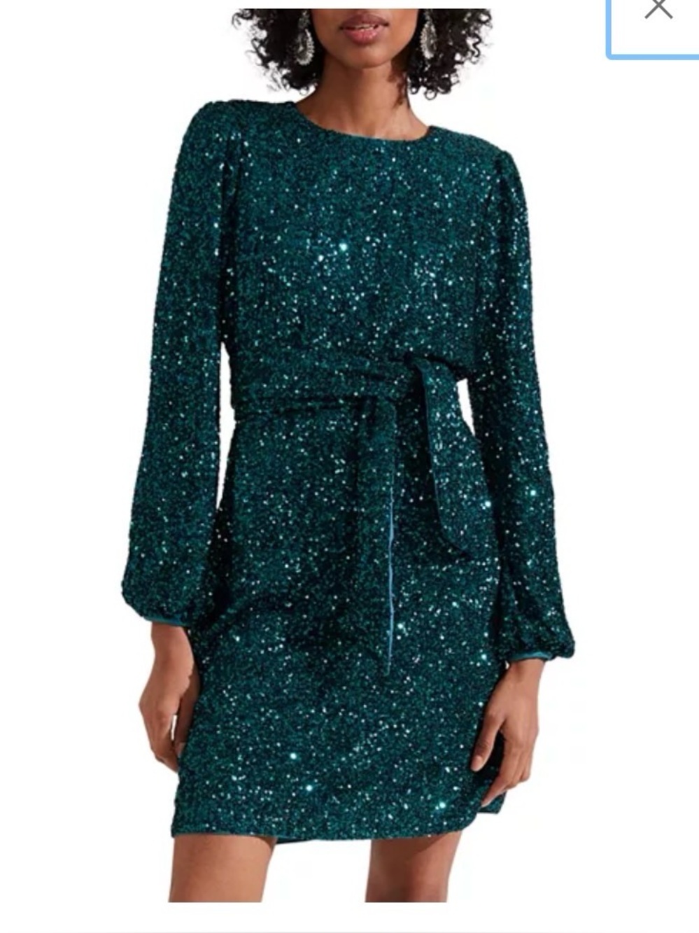 Green Sequin Long-Sleeve Dress with Tie Belt